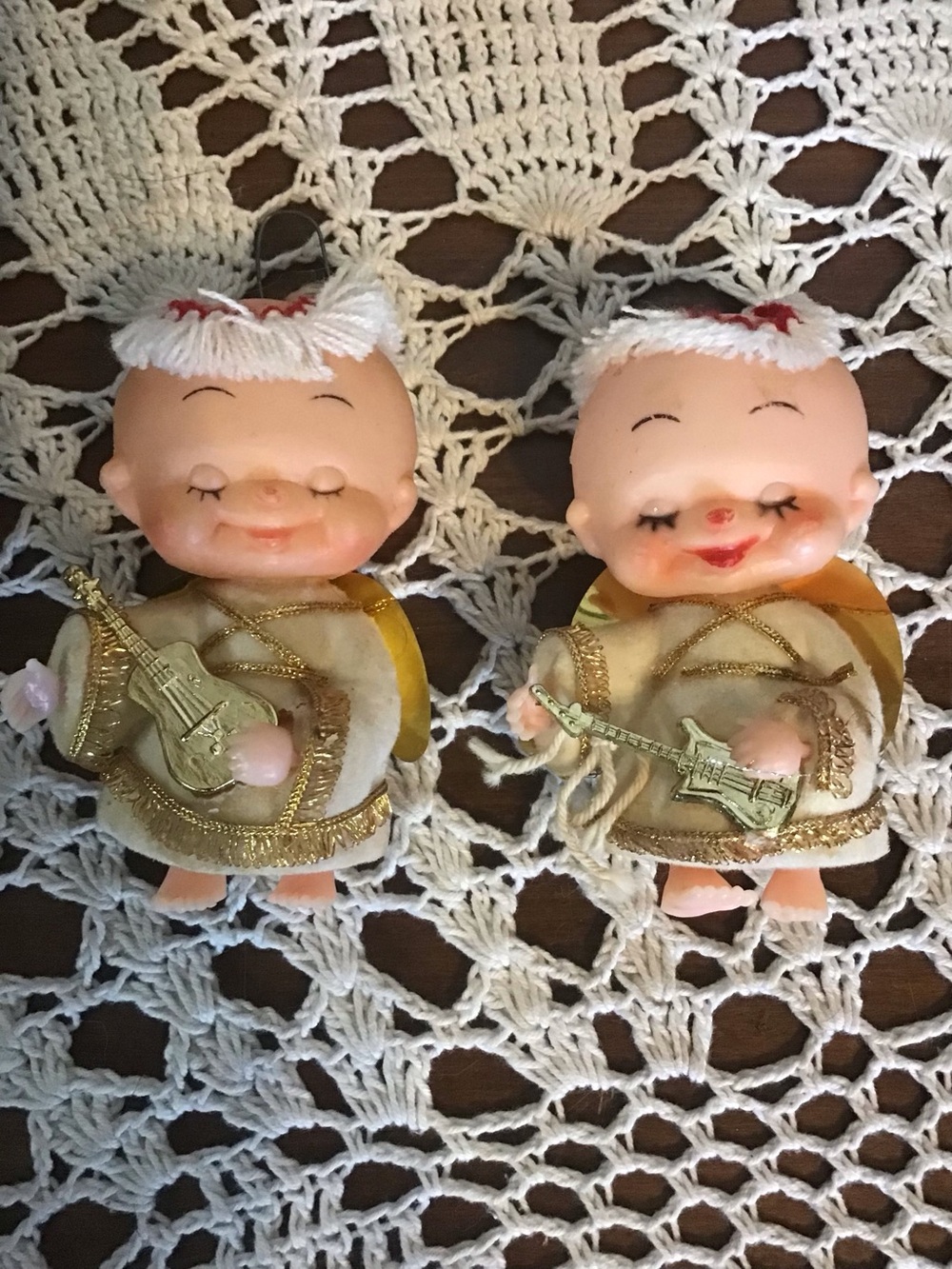 Vintage Kewpie Angel Ornaments with Gold Guitars, set of 2